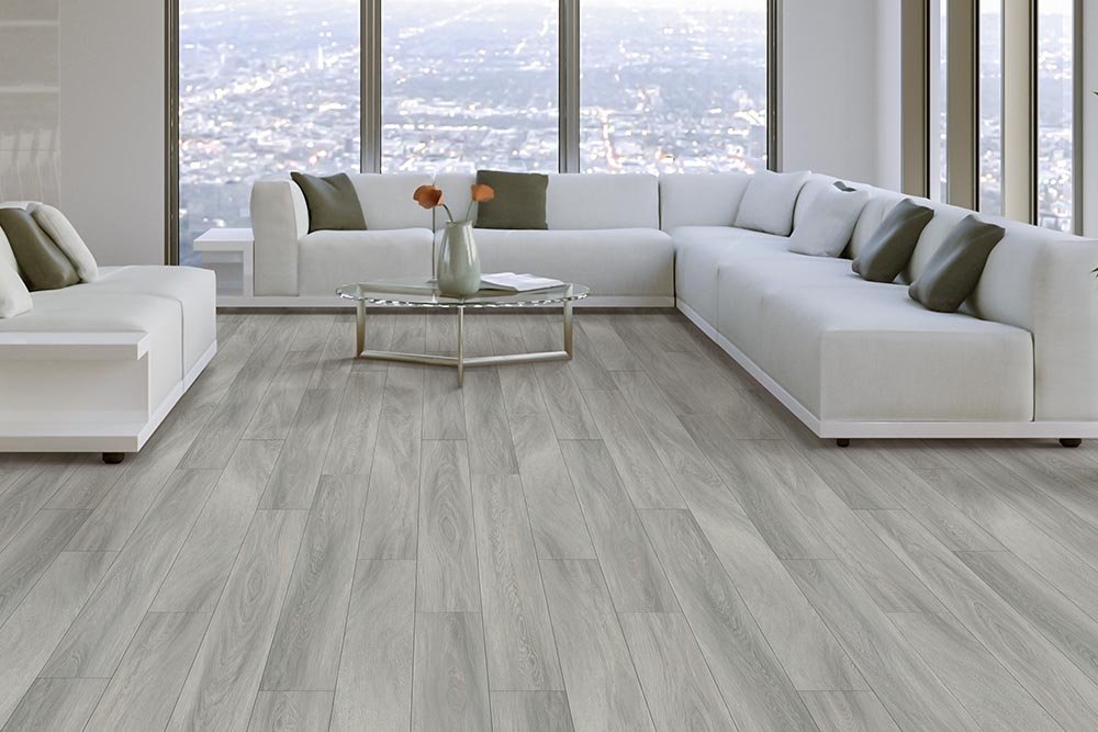 Living Room Gray Greige Luxury Vinyl Plank LVP -  Signature Flooring & Interiors, IL